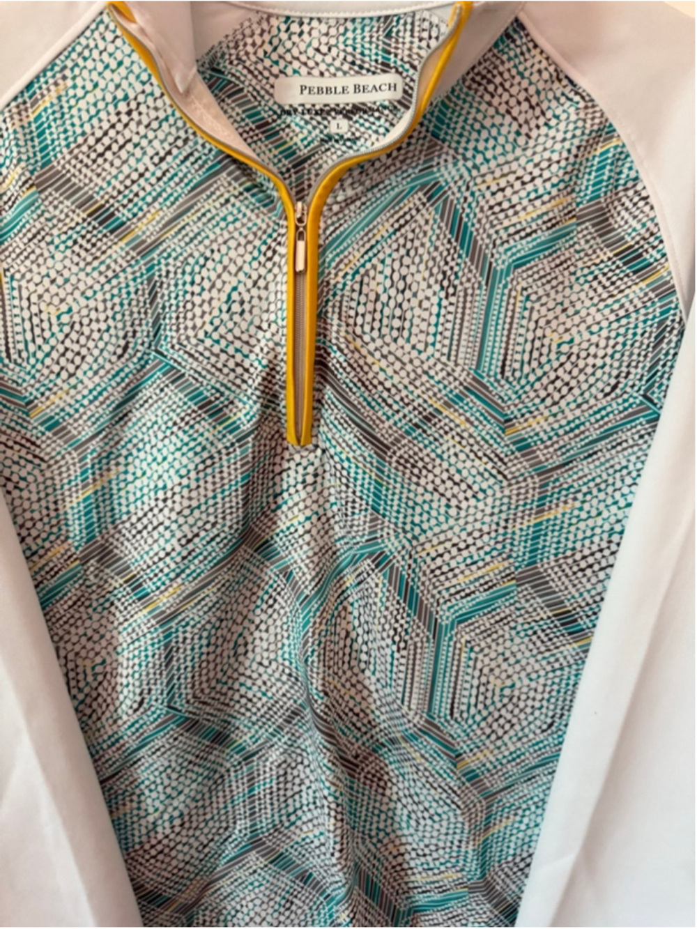 Pebble Beach Women's Long Sleeve Pullover White Teal Geometric L - Picture 3 of 5